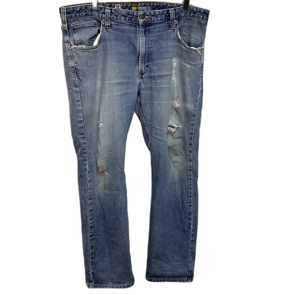 Carhartt Men's Blue Denim Ripped Relaxed-Fit Straight Leg Jeans Size 38 X 30
